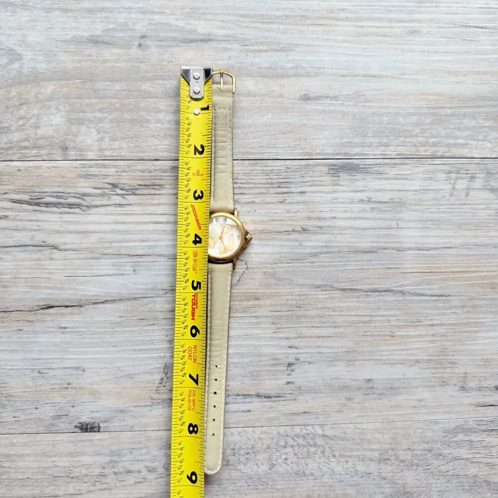 Vintage Teddy Bear Coquette Wrist Watch Gold Tone Cream Strap Soft Girl Working